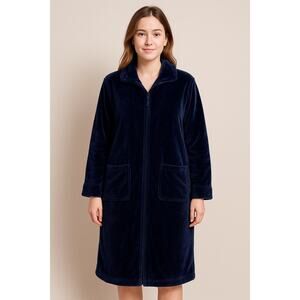Croft & Barrow Petite Med Zip Front Plush Fleece Robe Navy Blue Long Sleeve NWT